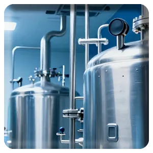 Réservoirs dans un environnement de salle blanche pharmaceutique, mise en évidence de l'utilisation d'un vidéoscope industriel pour des inspections détaillées.